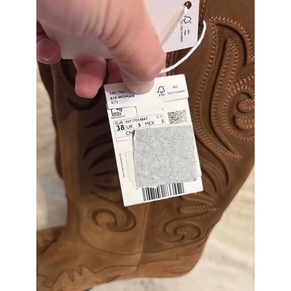 Mango MNG Women’s Leather Cowboy Boots Cutouts Brown Block Heel Size 7.5 New - Picture 6 of 10